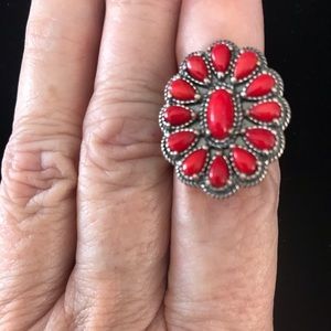 Rare Carolyn Pollack American West Red Coral Cluster Sterling Silver Ring 5.5
